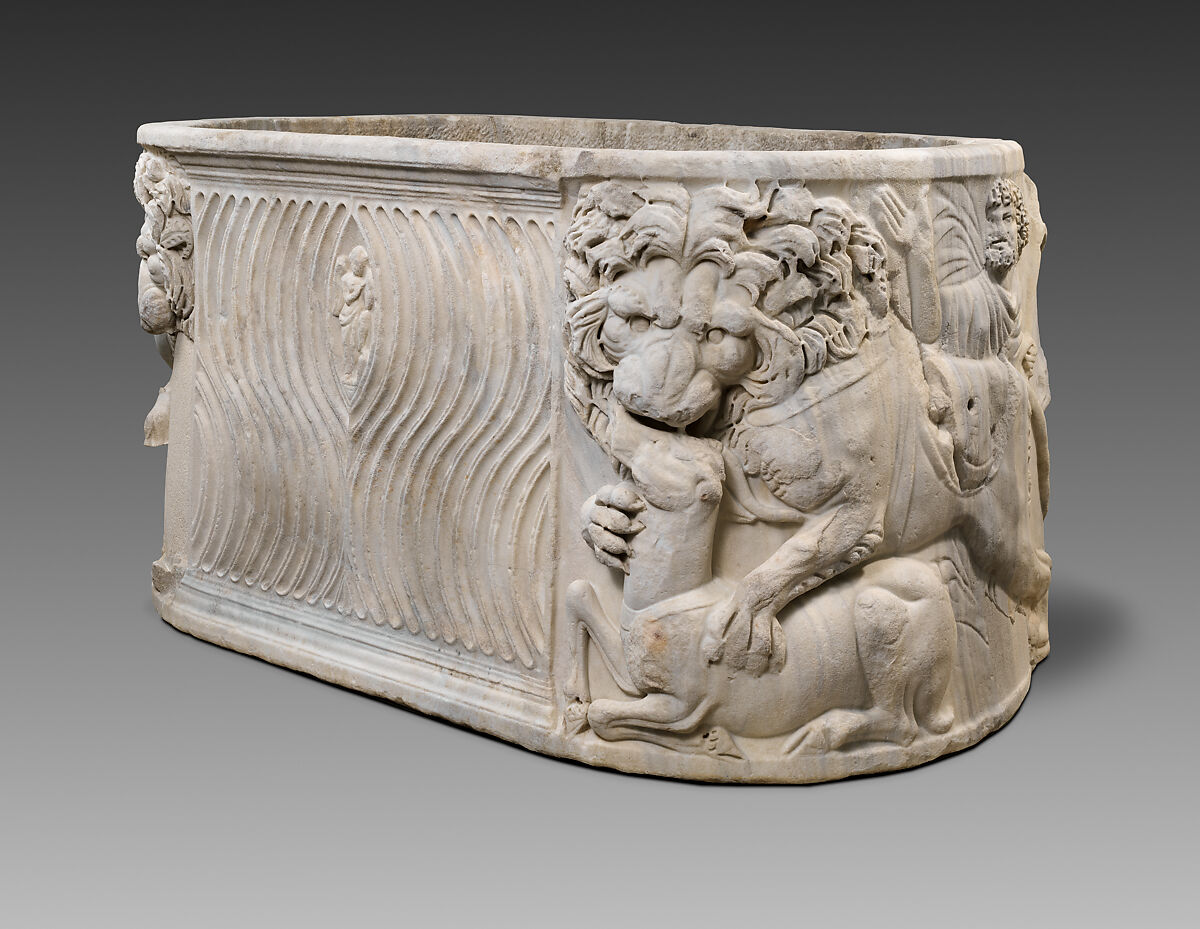 Marble sarcophagus with lions felling antelope, Marble, Roman