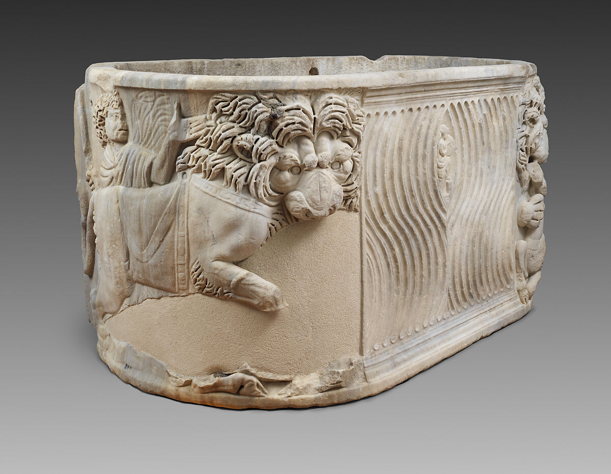 Marble sarcophagus with lions felling antelope, Marble, Roman