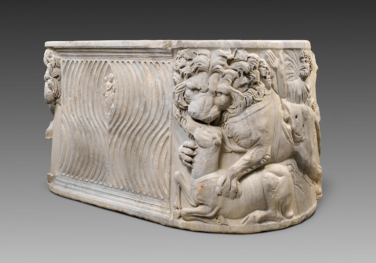 Marble sarcophagus with lions felling antelope, Marble, Roman