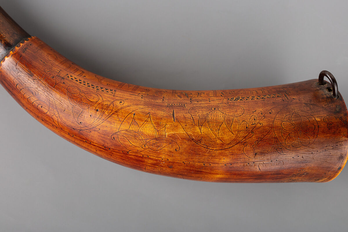 Powder Horn of John Mahard, John Bush (Colonial American, Massachusetts ca. 1725–ca. 1758), Cowhorn, wood, iron, Colonial American