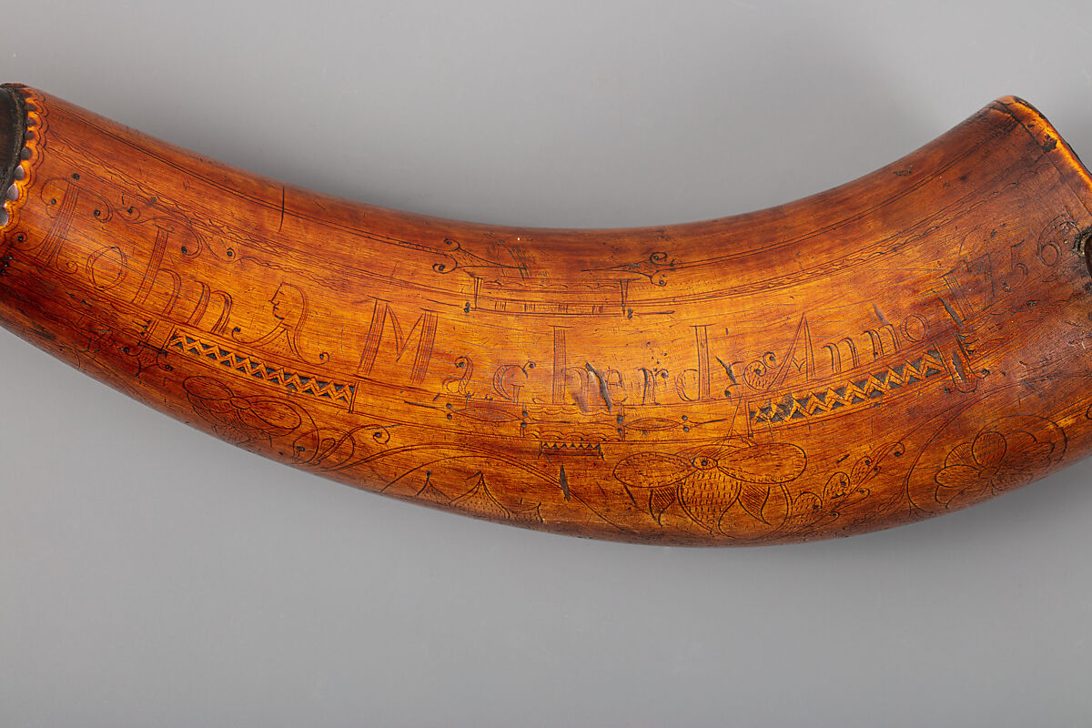 Powder Horn of John Mahard, John Bush (Colonial American, Massachusetts ca. 1725–ca. 1758), Cowhorn, wood, iron, Colonial American