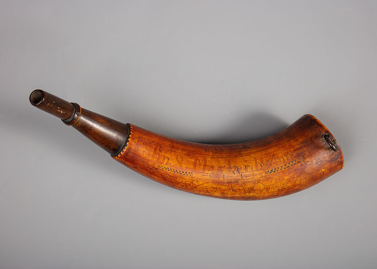 Powder Horn of John Mahard, John Bush (Colonial American, Massachusetts ca. 1725–ca. 1758), Cowhorn, wood, iron, Colonial American