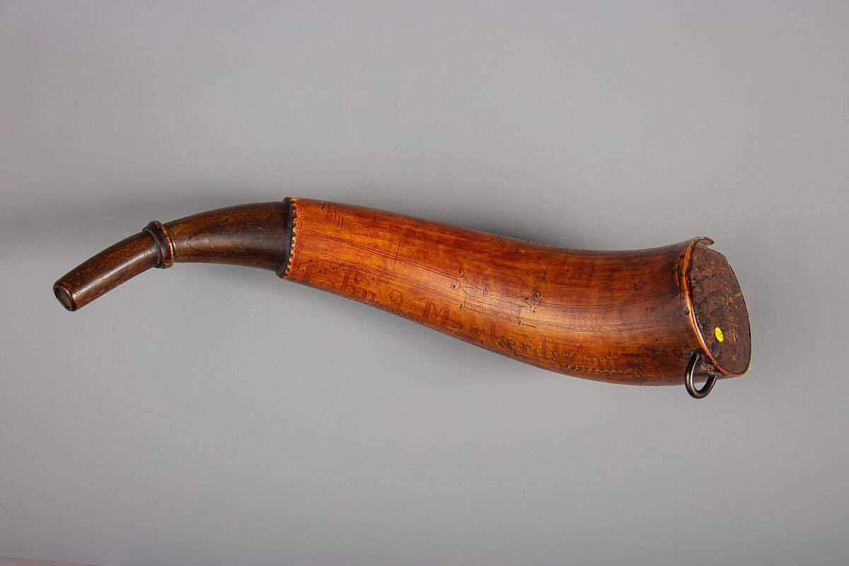 Powder Horn of John Mahard, John Bush (Colonial American, Massachusetts ca. 1725–ca. 1758), Cowhorn, wood, iron, Colonial American