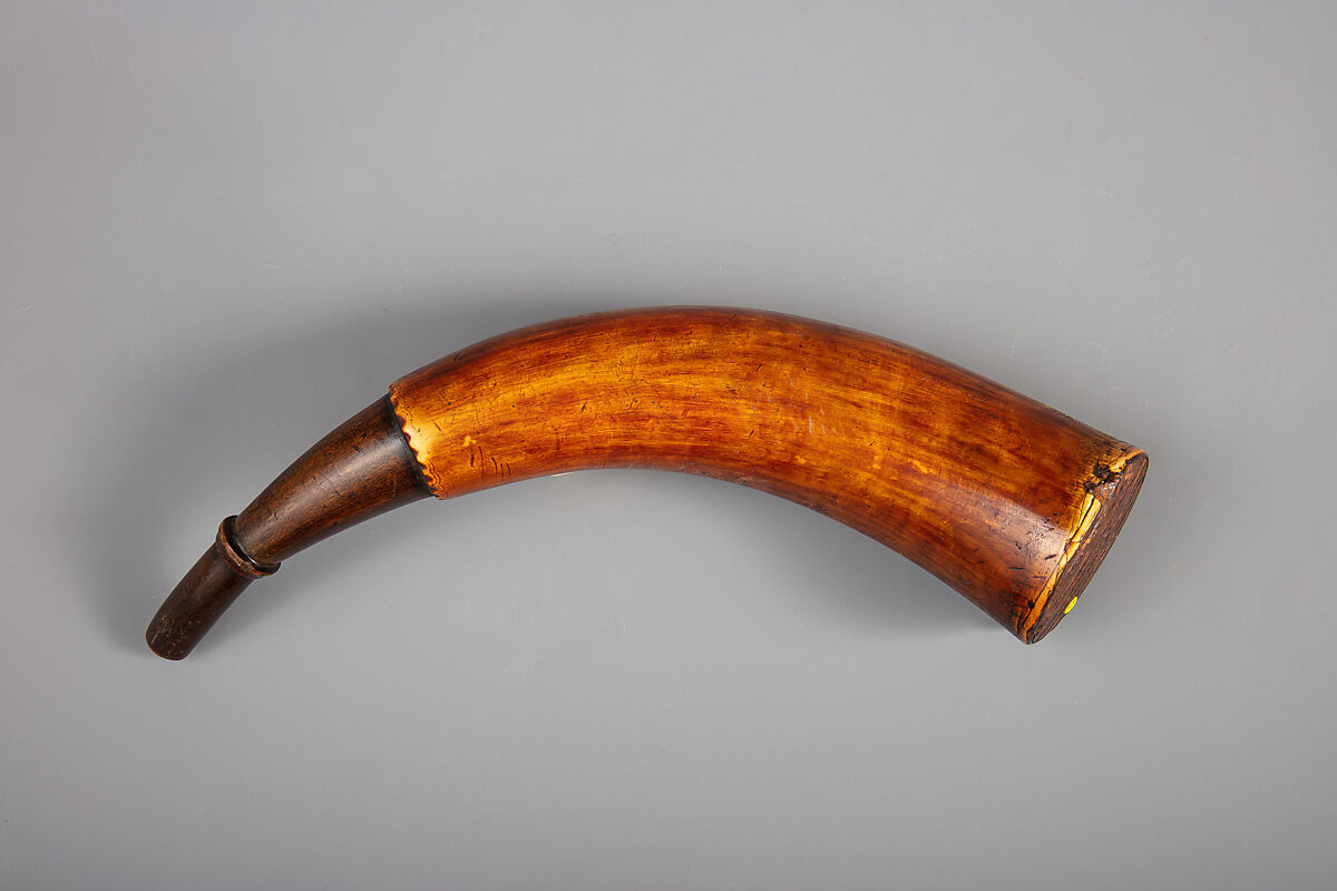 Powder Horn of John Mahard, John Bush (Colonial American, Massachusetts ca. 1725–ca. 1758), Cowhorn, wood, iron, Colonial American