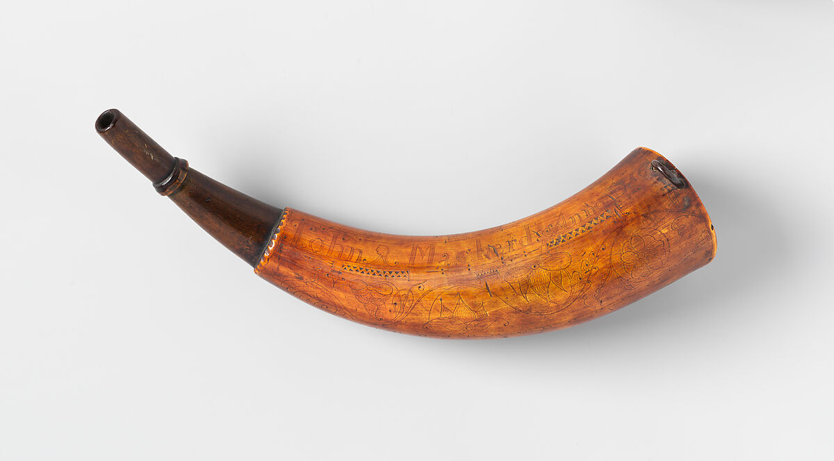 Powder Horn of John Mahard, John Bush (Colonial American, Massachusetts ca. 1725–ca. 1758), Cowhorn, wood, iron, Colonial American