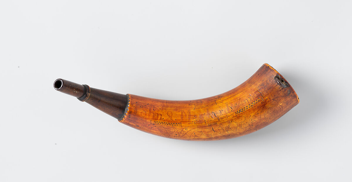 Powder Horn of John Mahard, John Bush (Colonial American, Massachusetts ca. 1725–ca. 1758), Cowhorn, wood, iron, Colonial American