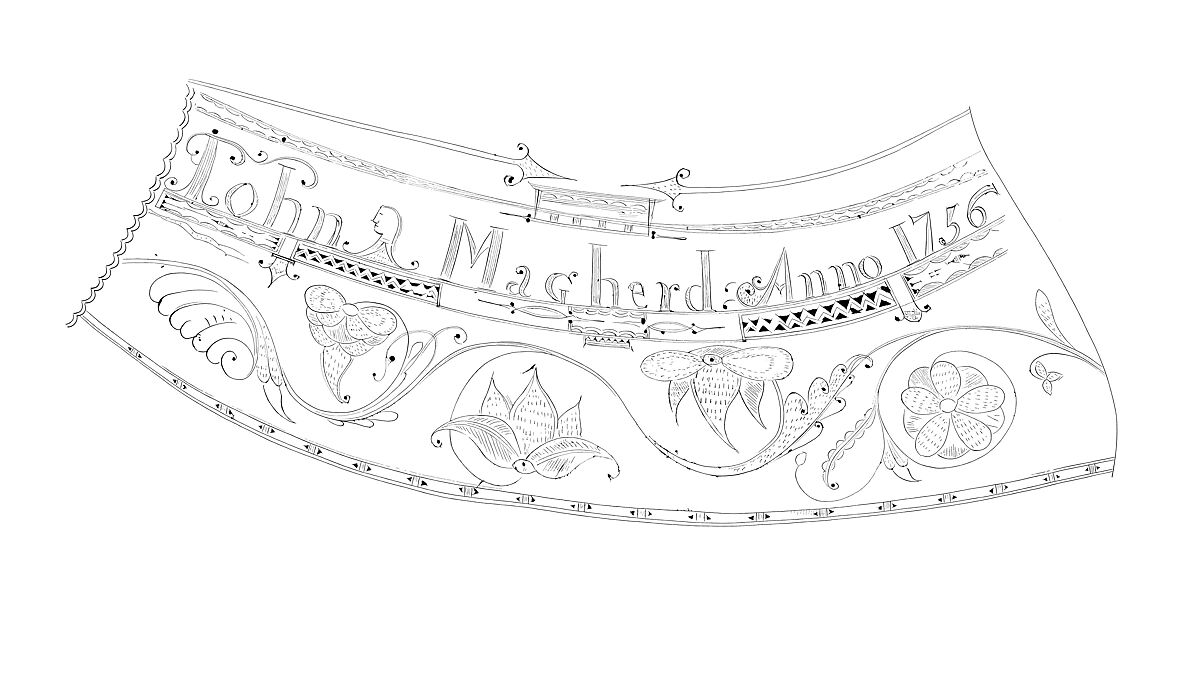 Powder Horn of John Mahard, John Bush (Colonial American, Massachusetts ca. 1725–ca. 1758), Cowhorn, wood, iron, Colonial American