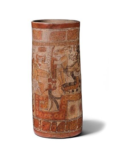 Cylinder vessel with Moon Goddess and other celestial beings, Ceramic, Maya 