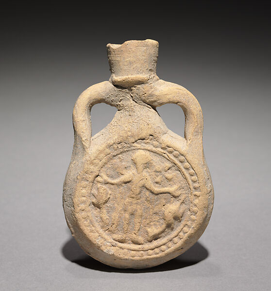 Ampulla (Flask) of Saint Menas, Earthenware, molded, Byzantine (Egypt) 