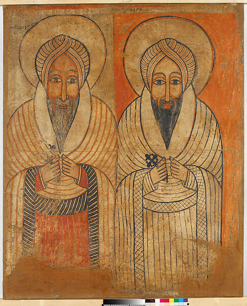 Wall Painting with Saints Täklä Haymanot and Ewosṭatewos, Paint on canvas remounted on cotton, fixed to frame during conservation, Ethiopian (Gondar, Ethiopia) 