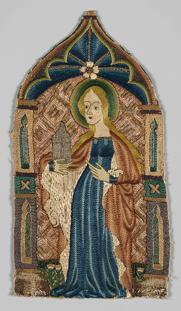 Four Embroidered Saints, probably from an Orphrey: St. Peter, St. Catherine, St. Thomas, and St. Barbara, Embroidery on linen, British