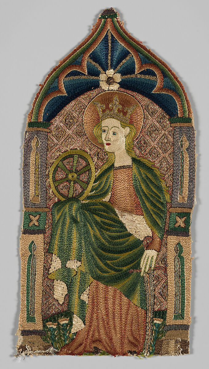 Four Embroidered Saints, probably from an Orphrey: St. Peter, St. Catherine, St. Thomas, and St. Barbara, Embroidery on linen, British