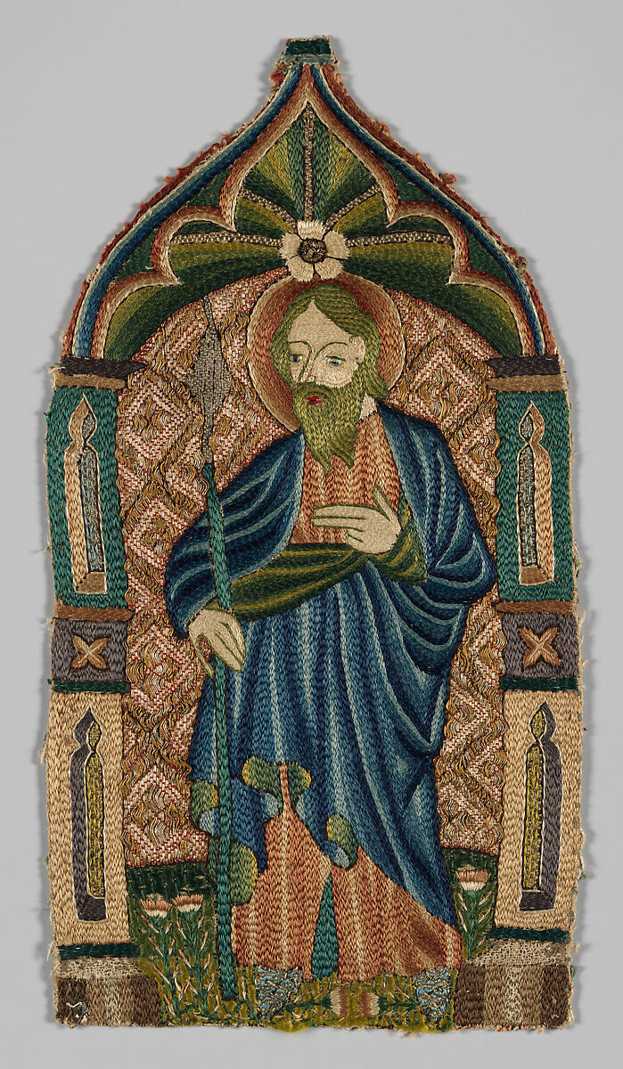 Four Embroidered Saints, probably from an Orphrey: St. Peter, St. Catherine, St. Thomas, and St. Barbara, Embroidery on linen, British