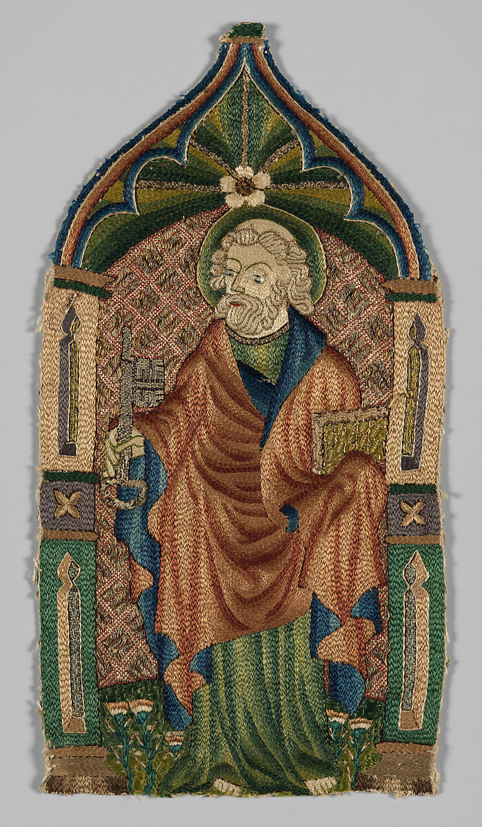 Four Embroidered Saints, probably from an Orphrey: St. Peter, St. Catherine, St. Thomas, and St. Barbara, Embroidery on linen, British 