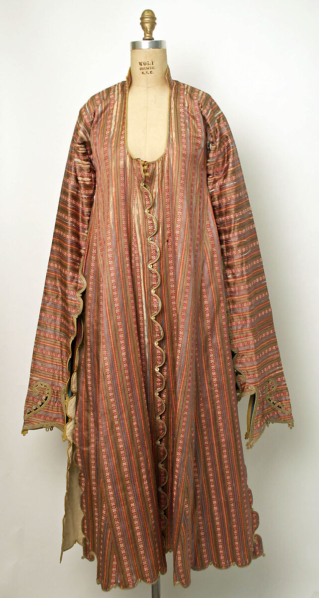 Uçetek Entari or Three-Skirt Robe, Silk (warp) and cotton (weft); warp patterning with extra silk and extra metallic thread; lining: printed plain weave cotton 