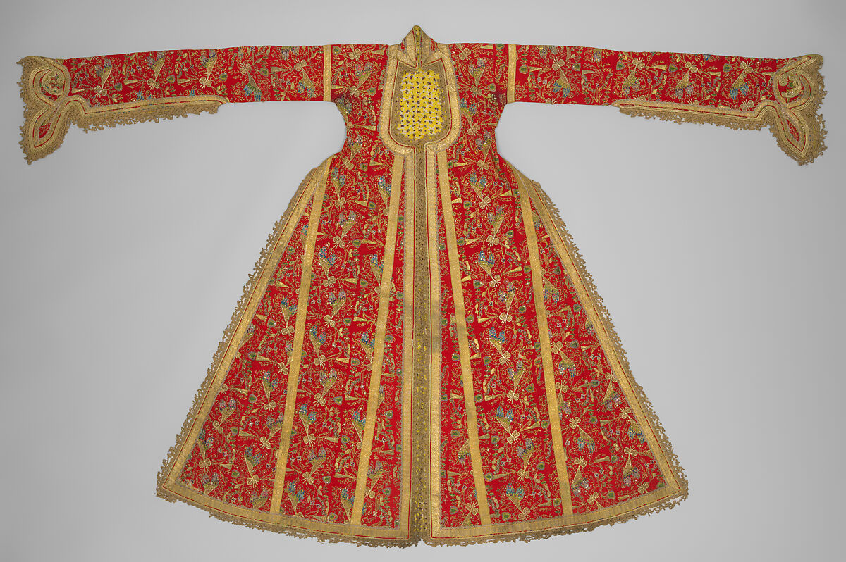 Uçetek Entari or Three-Skirt Robe, Woolen twill, padded with woolen fibers, embroidered with silk, metal thread, and metallic sequins 