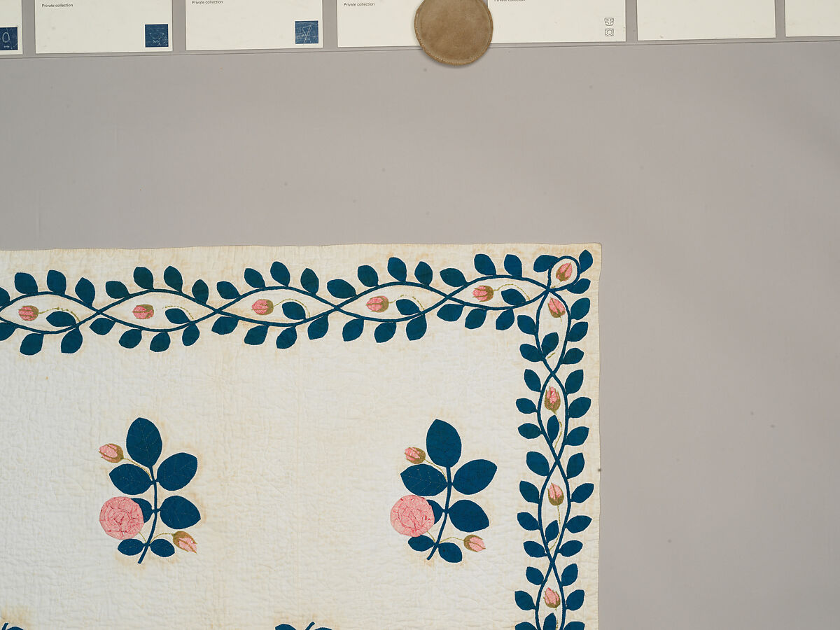 Quilt, appliqued, Cotton, embroidered with wool yarn, American