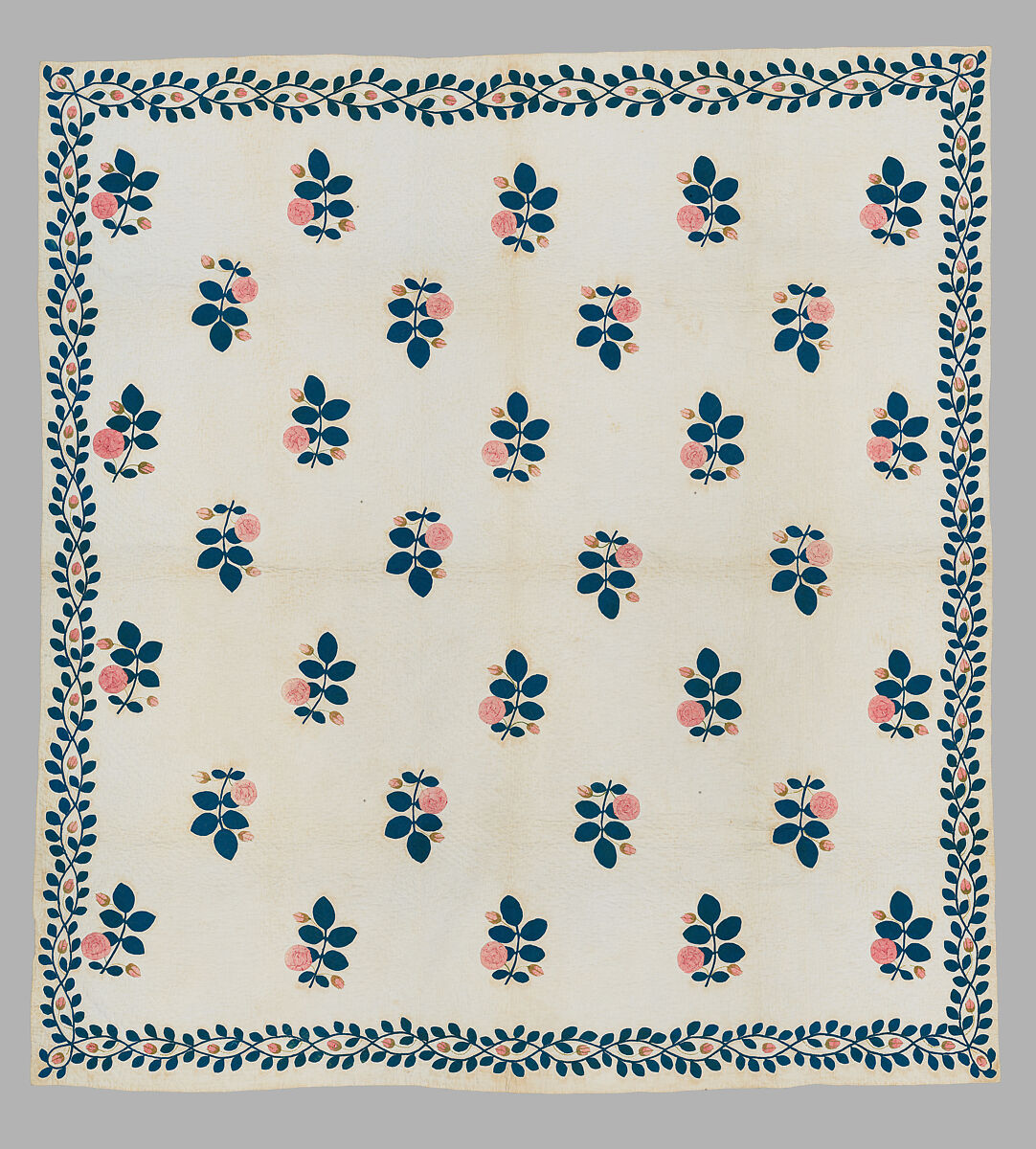 Quilt, appliqued, Cotton, embroidered with wool yarn, American