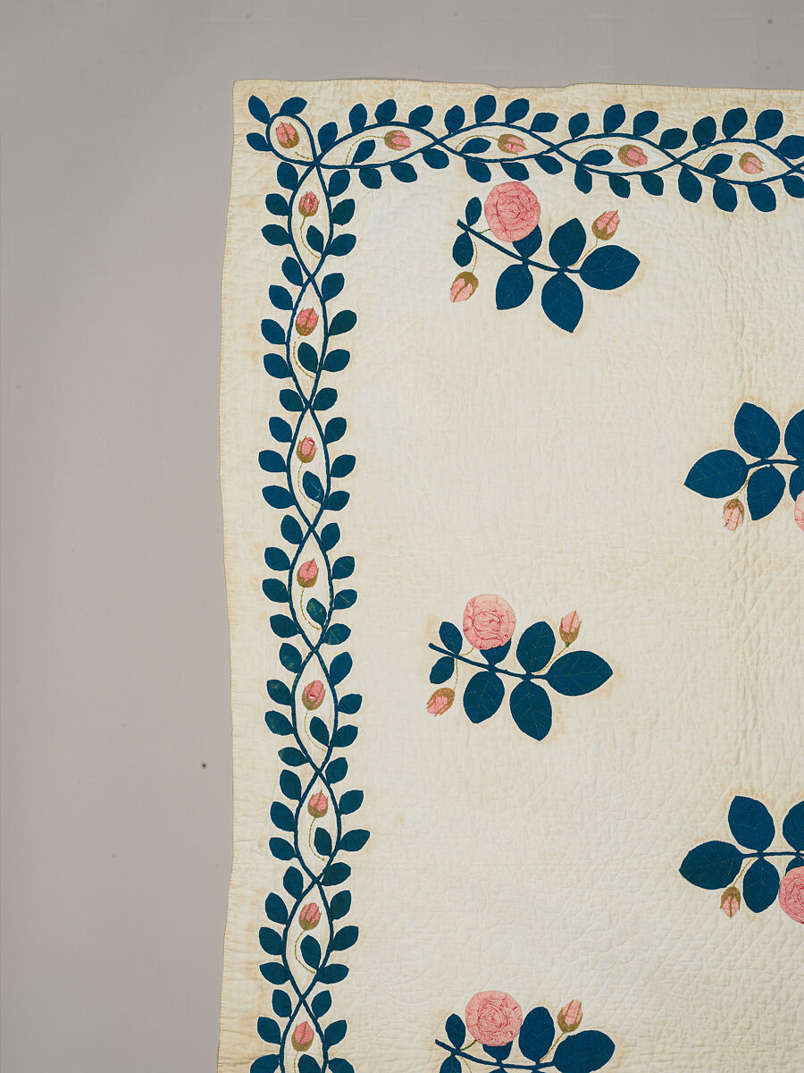 Quilt, appliqued, Cotton, embroidered with wool yarn, American
