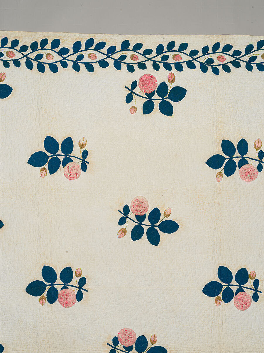 Quilt, appliqued, Cotton, embroidered with wool yarn, American