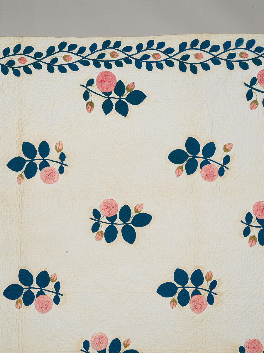 Quilt, appliqued, Cotton, embroidered with wool yarn, American