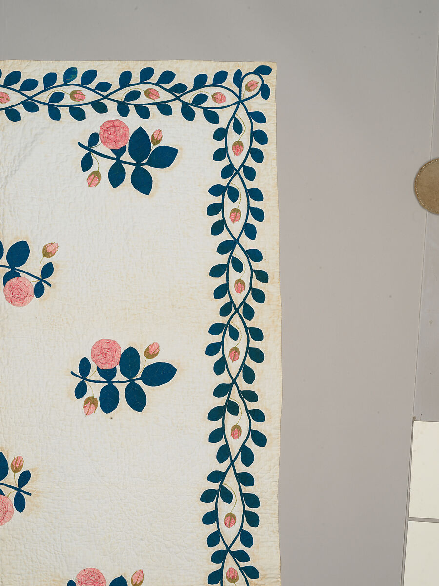 Quilt, appliqued, Cotton, embroidered with wool yarn, American