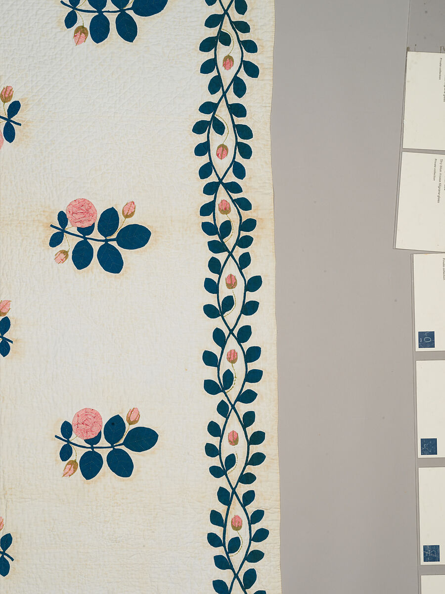 Quilt, appliqued, Cotton, embroidered with wool yarn, American