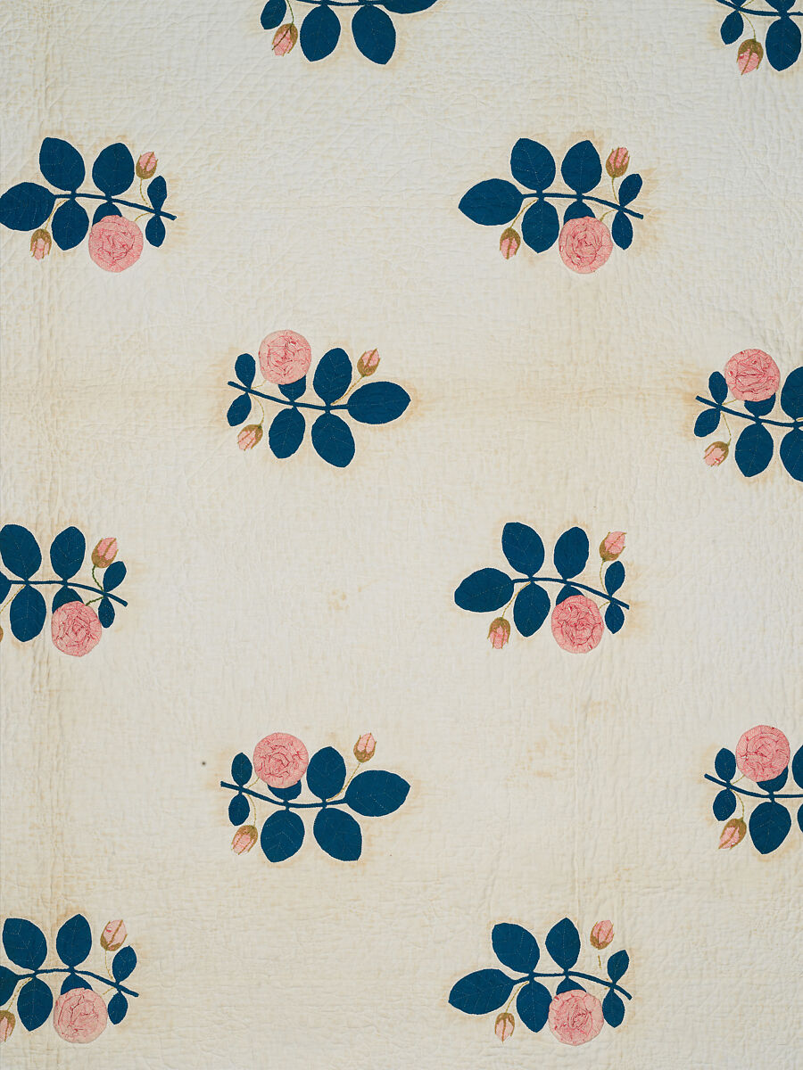 Quilt, appliqued, Cotton, embroidered with wool yarn, American