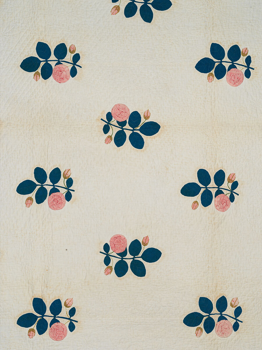 Quilt, appliqued, Cotton, embroidered with wool yarn, American