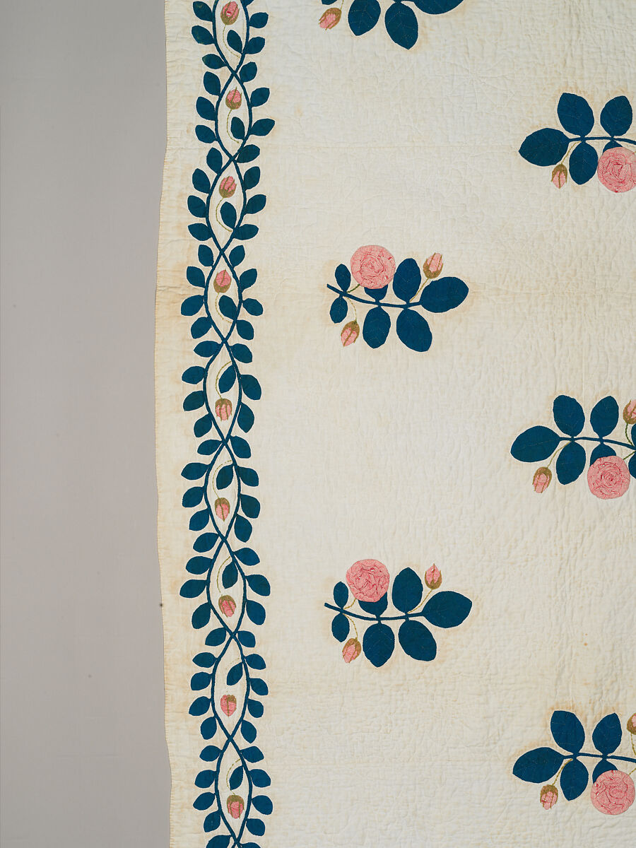 Quilt, appliqued, Cotton, embroidered with wool yarn, American