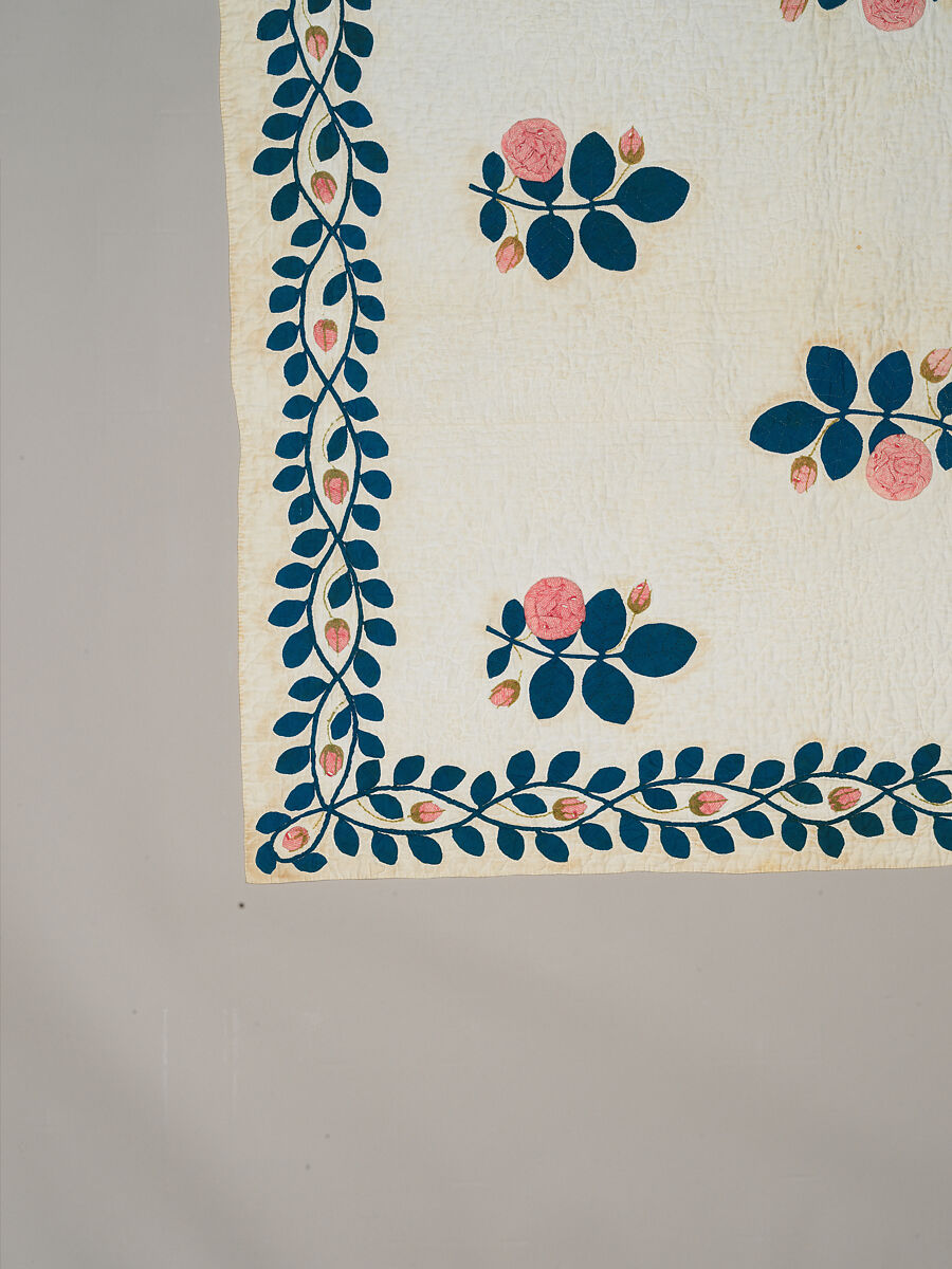 Quilt, appliqued, Cotton, embroidered with wool yarn, American