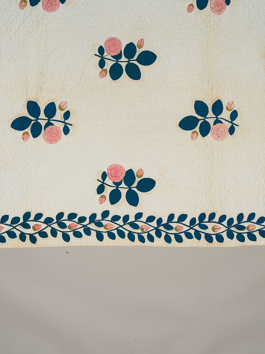 Quilt, appliqued, Cotton, embroidered with wool yarn, American