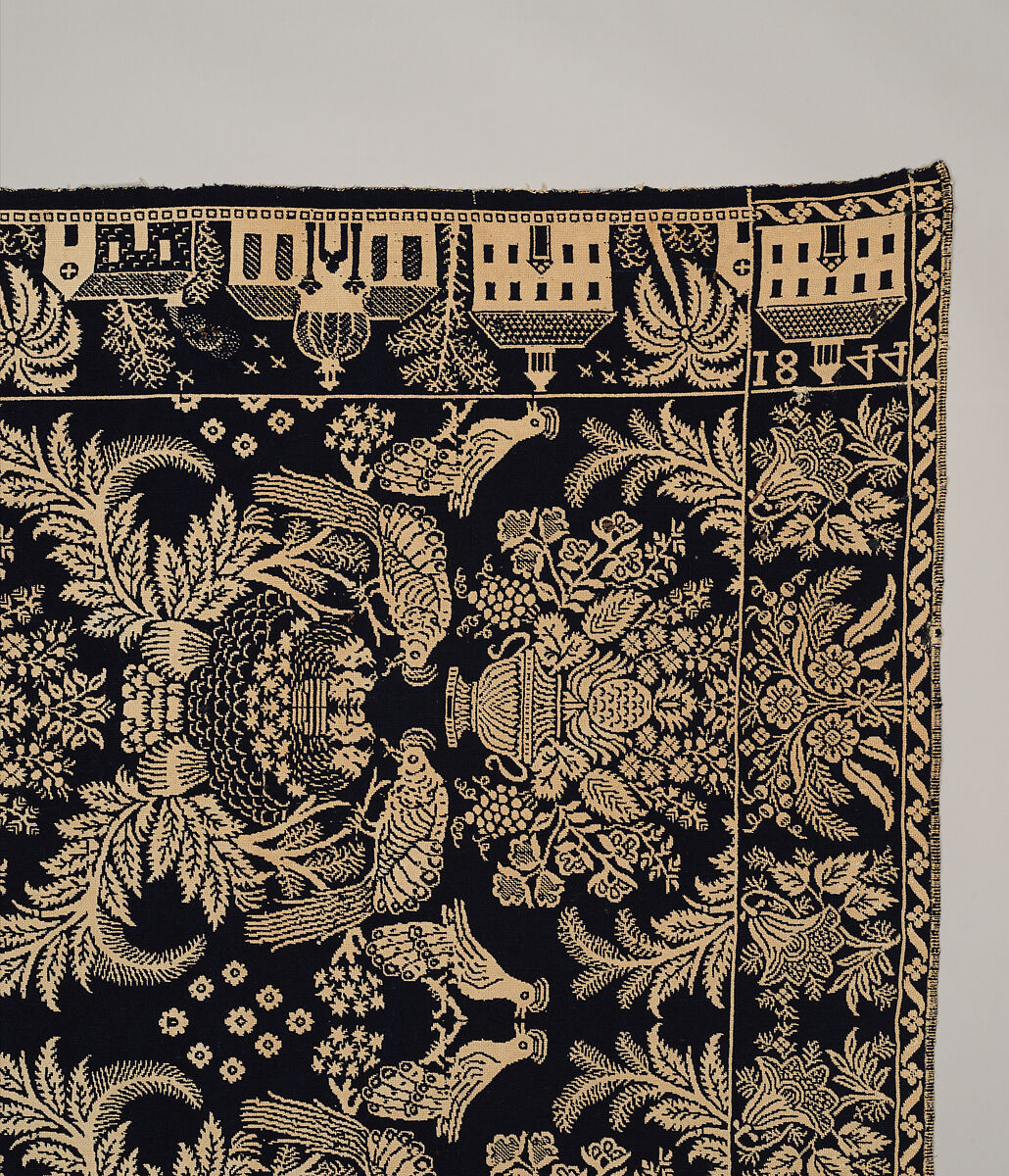 Coverlet, woven double cloth, Cotton and wool, American
