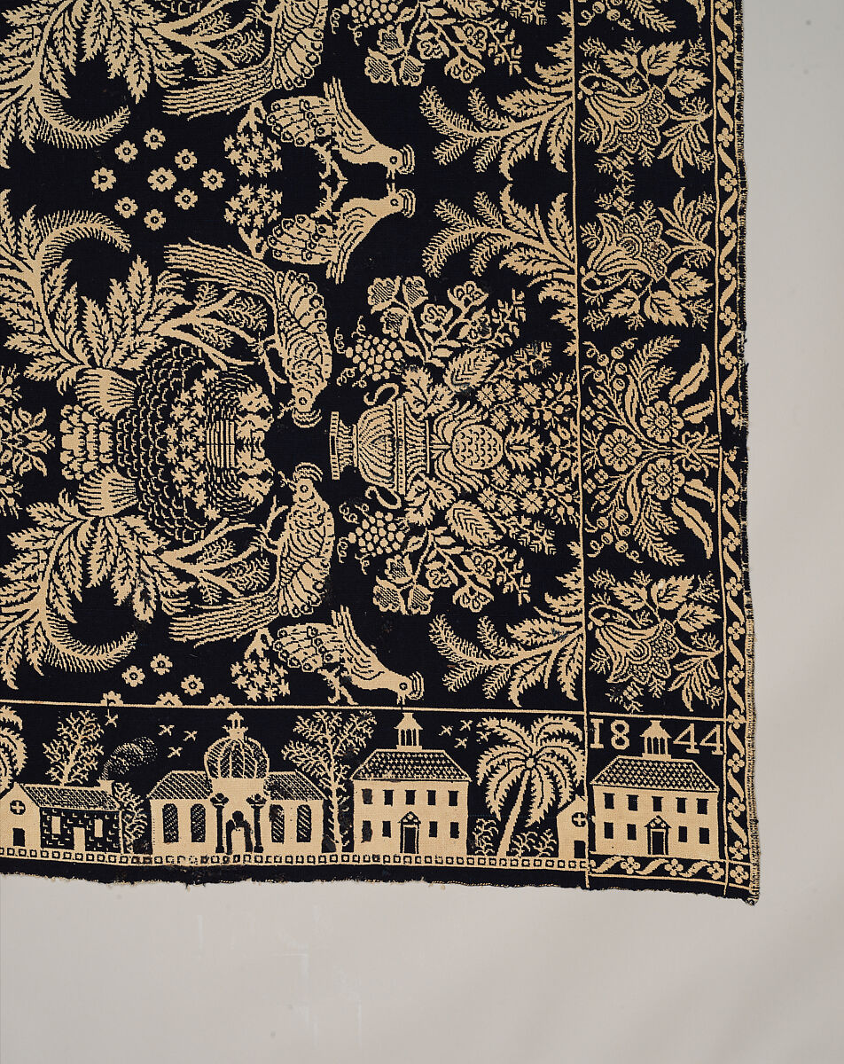 Coverlet, woven double cloth, Cotton and wool, American