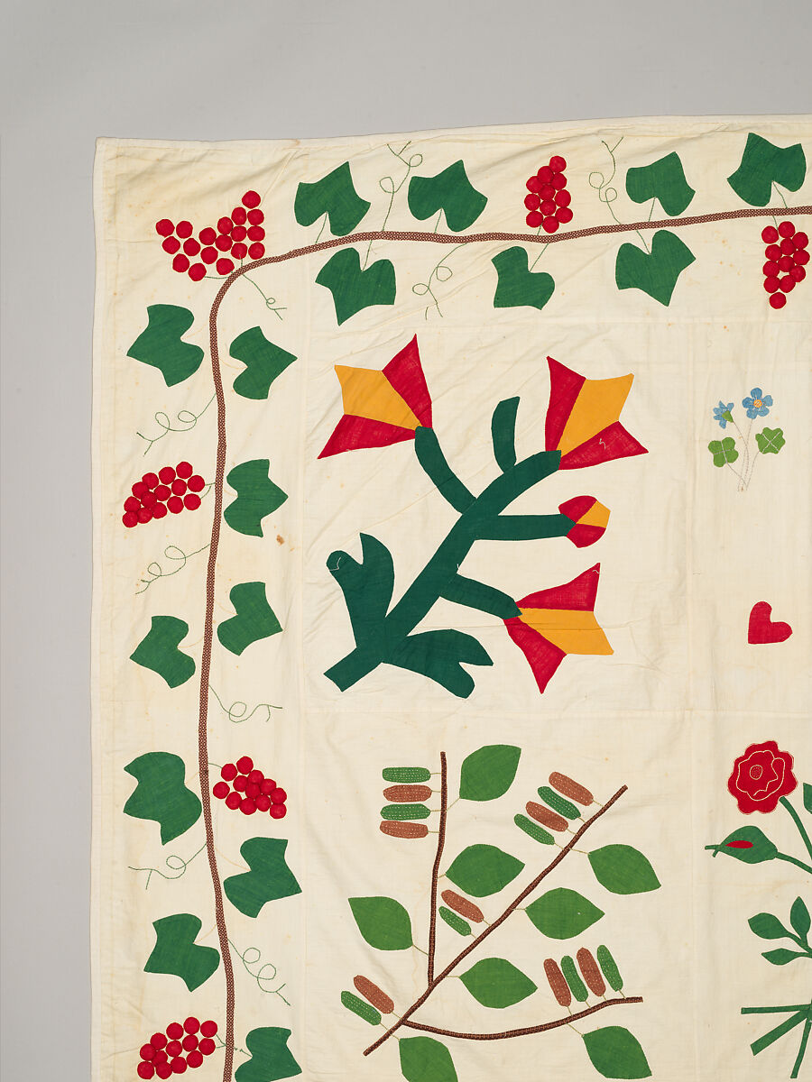 Quilt top, appliqued, Cotton, embroidered with cotton thread, American