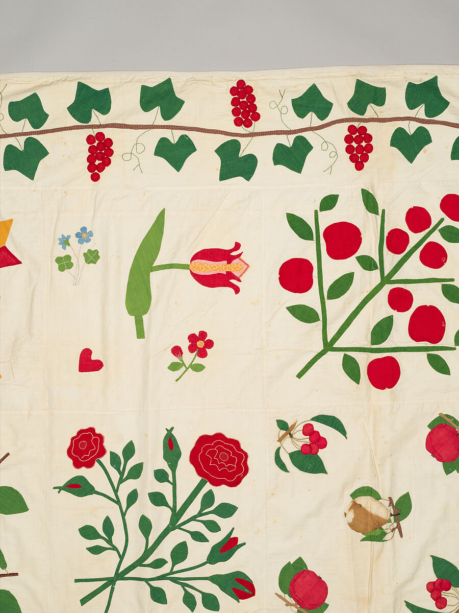 Quilt top, appliqued, Cotton, embroidered with cotton thread, American