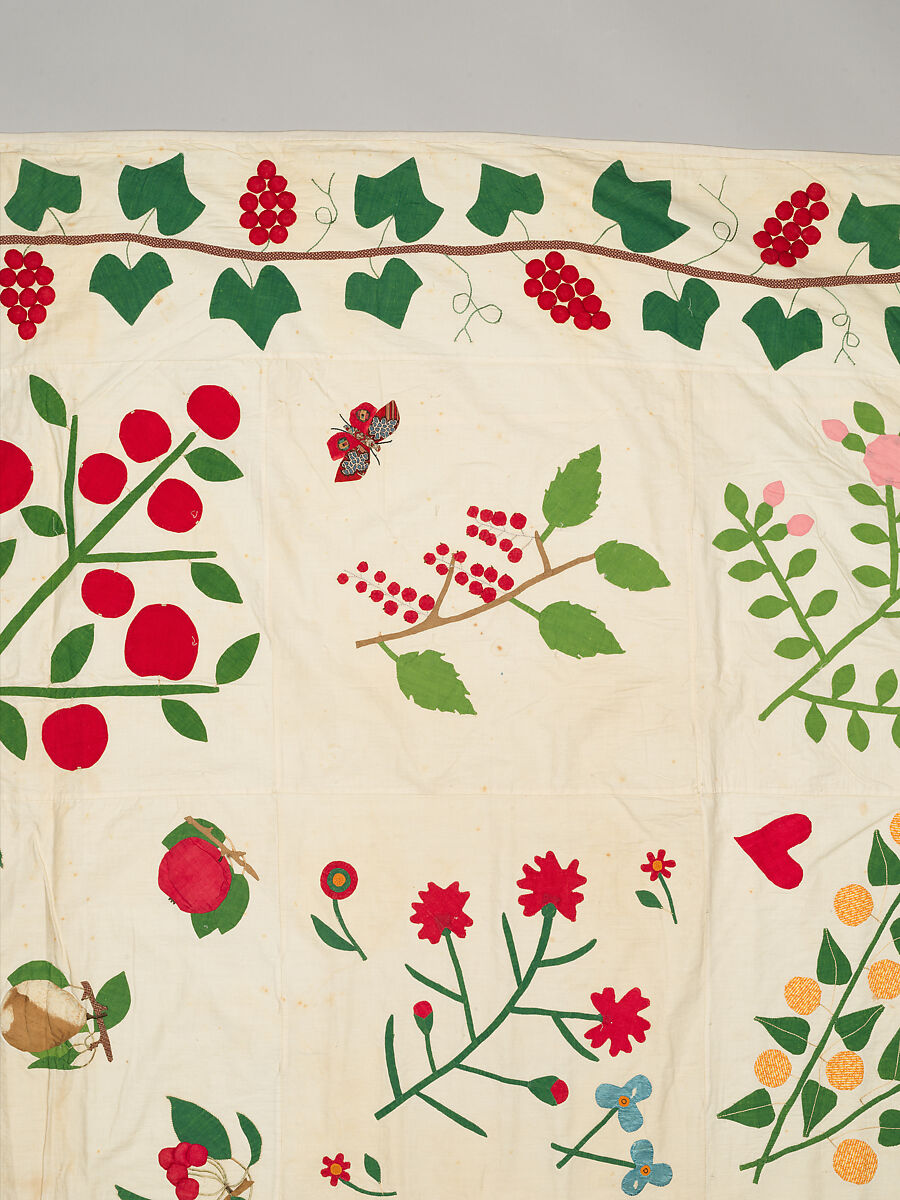 Quilt top, appliqued, Cotton, embroidered with cotton thread, American