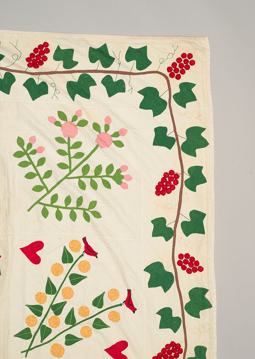 Quilt top, appliqued, Cotton, embroidered with cotton thread, American