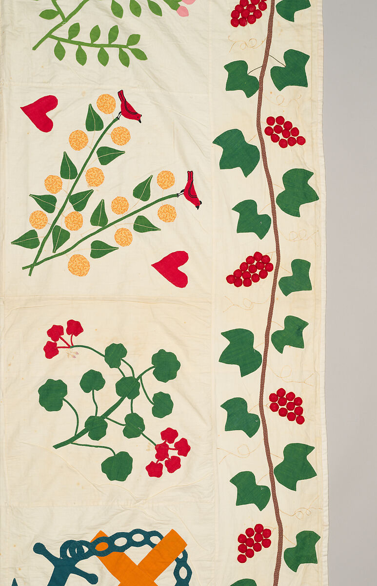 Quilt top, appliqued, Cotton, embroidered with cotton thread, American