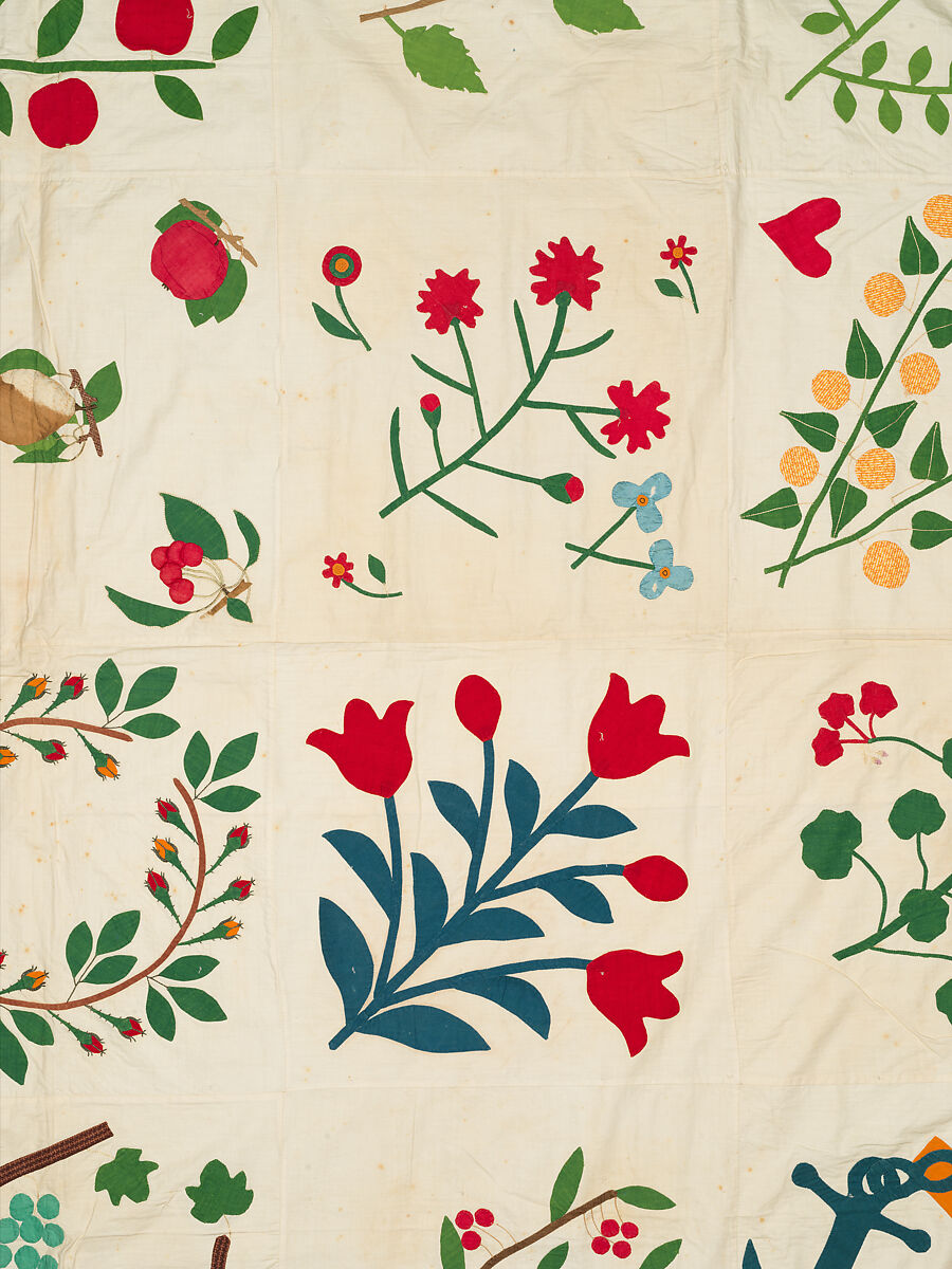 Quilt top, appliqued, Cotton, embroidered with cotton thread, American