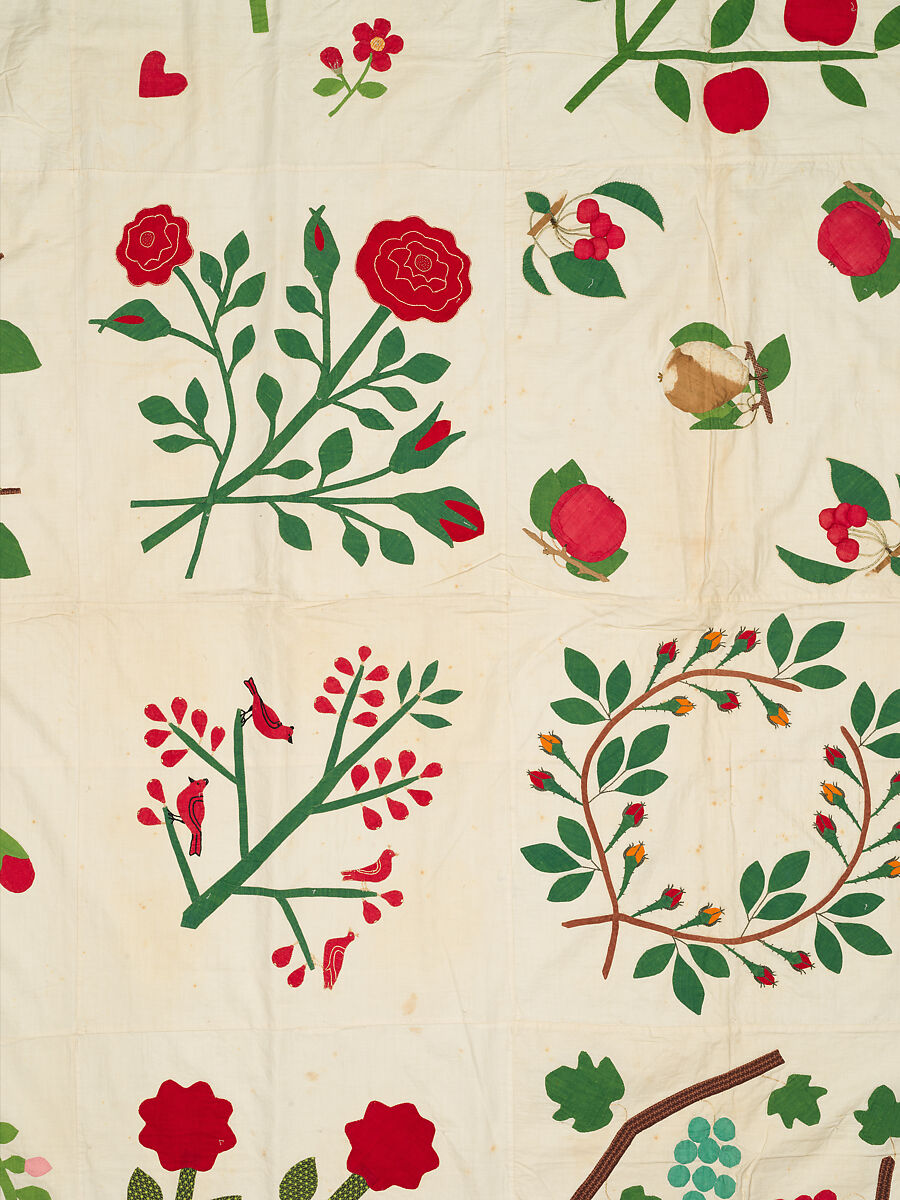 Quilt top, appliqued, Cotton, embroidered with cotton thread, American