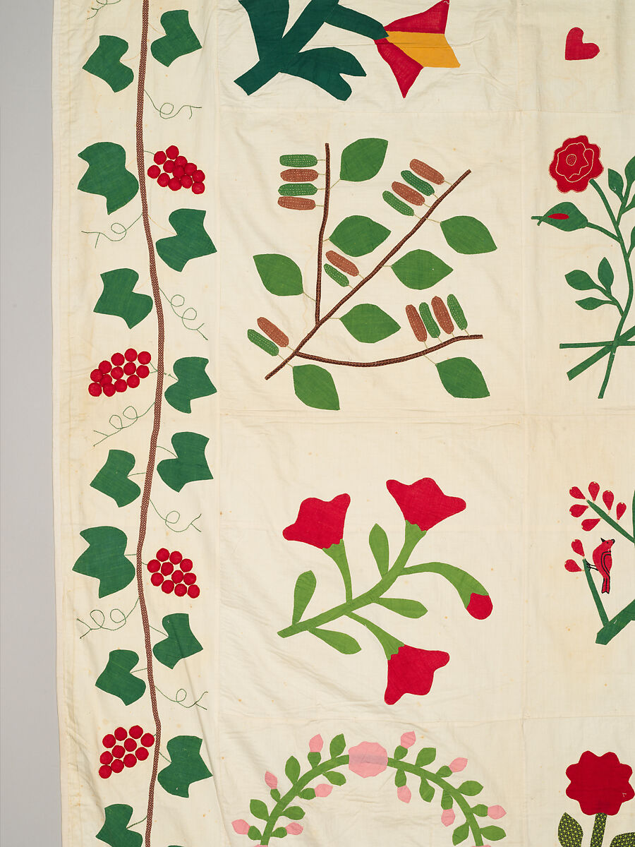 Quilt top, appliqued, Cotton, embroidered with cotton thread, American