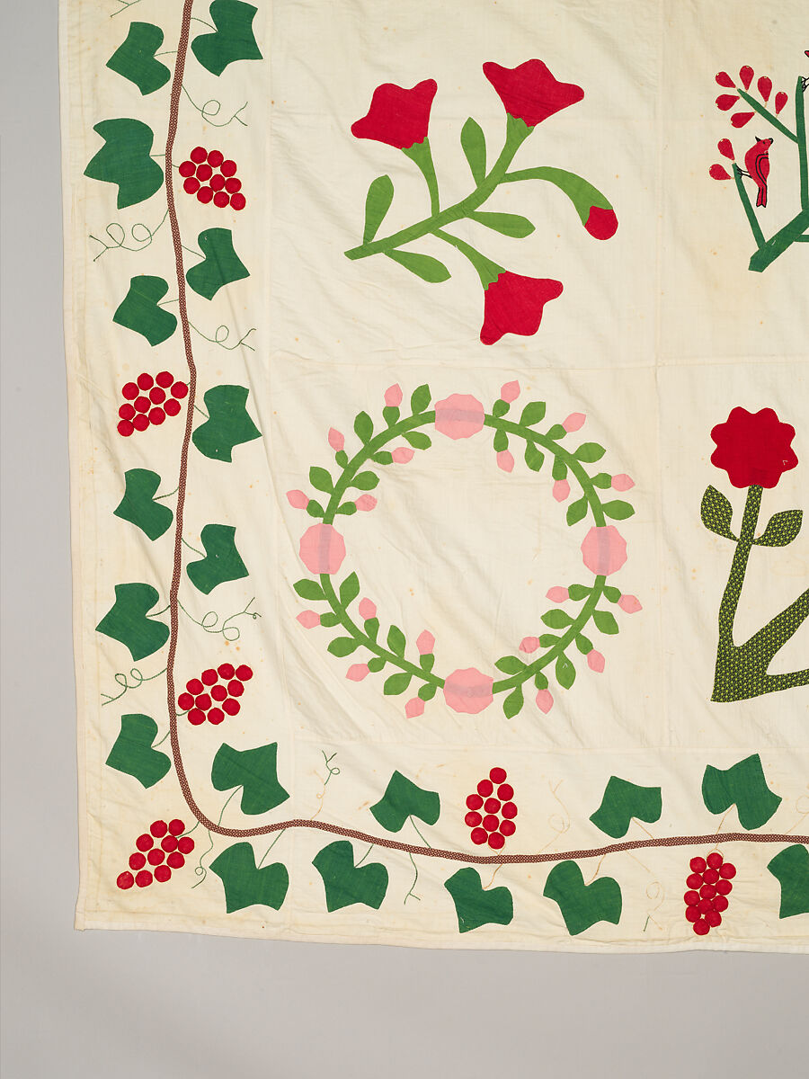 Quilt top, appliqued, Cotton, embroidered with cotton thread, American