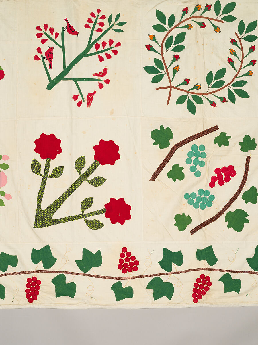 Quilt top, appliqued, Cotton, embroidered with cotton thread, American