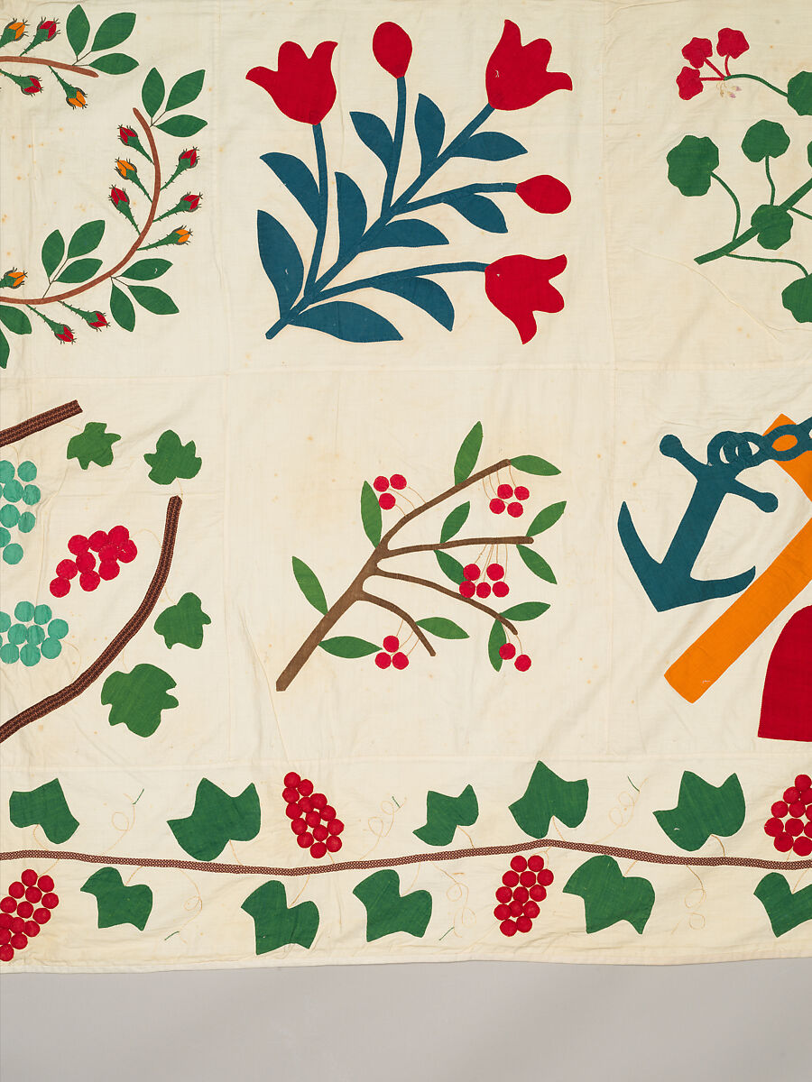 Quilt top, appliqued, Cotton, embroidered with cotton thread, American