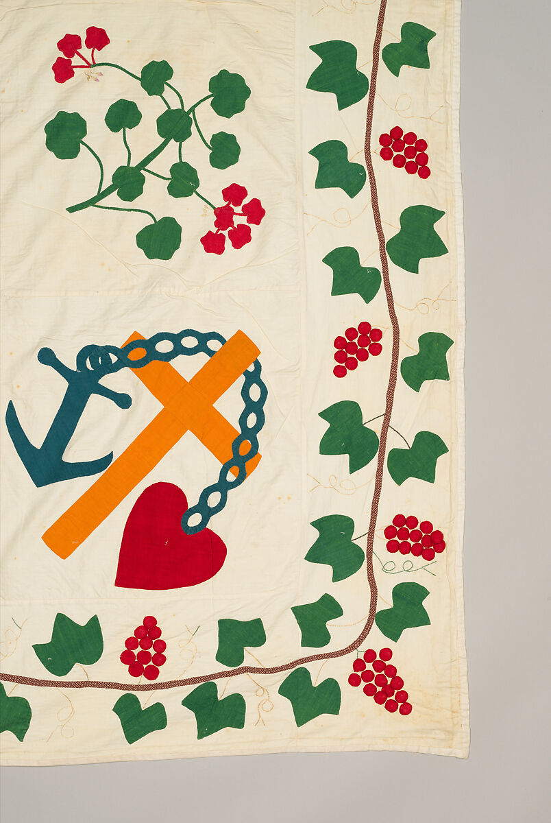 Quilt top, appliqued, Cotton, embroidered with cotton thread, American