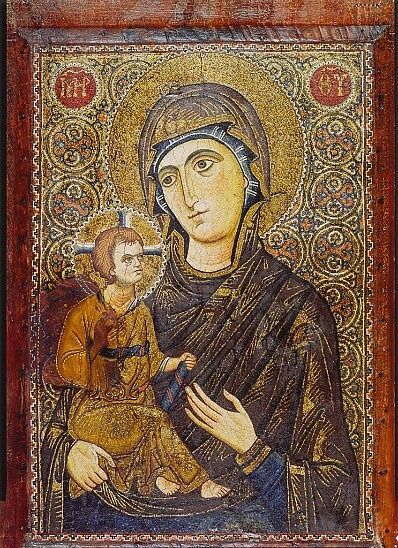 Icon with the Virgin Hodegetria Dexiokratousa, Miniature tesserae (gold and other materials), set in wax, on wood, Byzantine (Egypt)