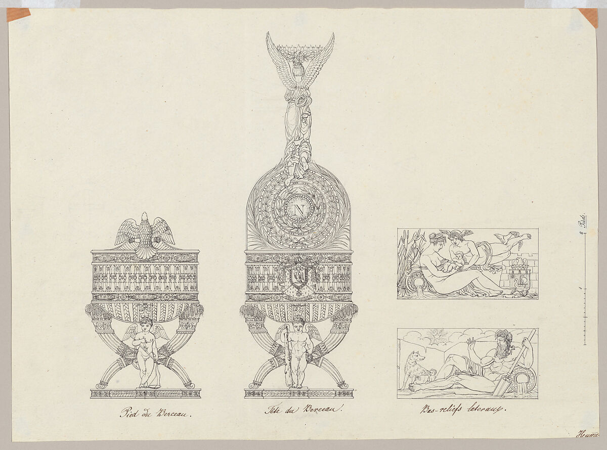 Elevations and Bas-reliefs of The Cradle of His Majesty the King of Rome, Adrien Louis Marie Cavelier  French, Pen and black ink