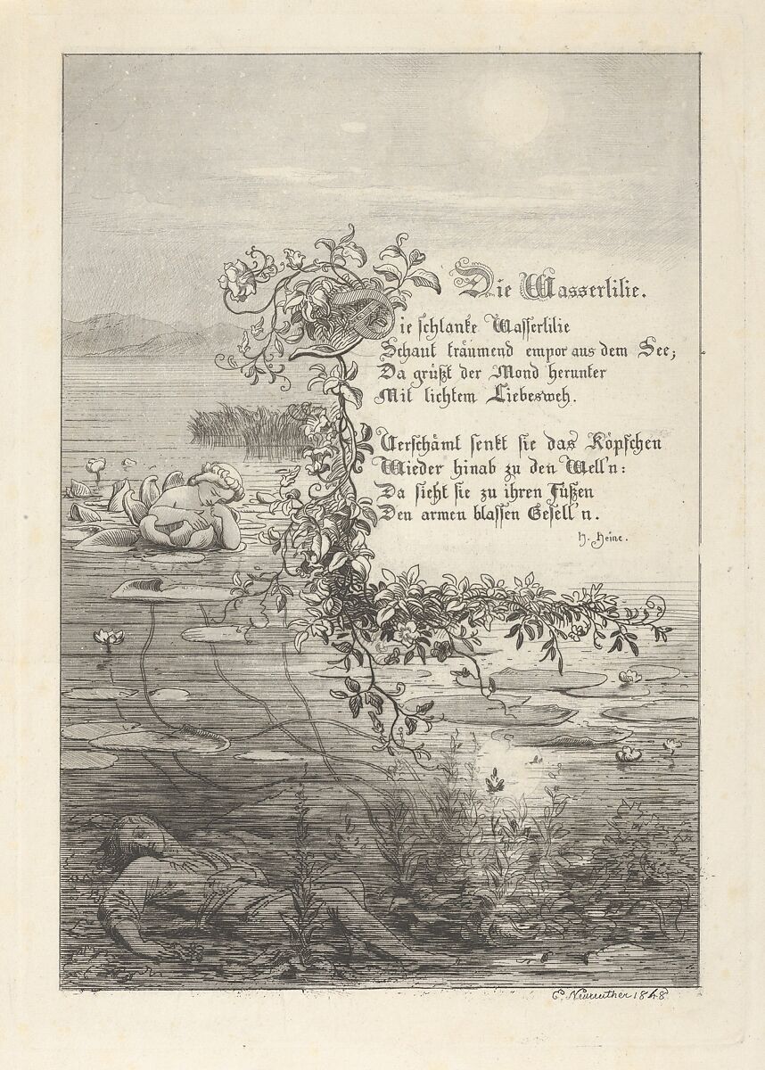 Illustrated Poem ‘The Water Lily’ (Die Wasserlilie – Heinrich Heine), Eugen Neureuther (German, Munich 1806–1882 Munich), Etching with drypoint 