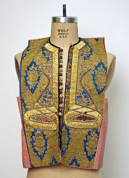 Vest, Silk, cotton, metal wrapped thread; brocaded and embroidered 